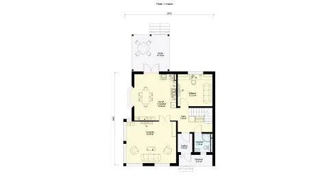 План первого этажа двухэтажного дома 10 на 10 с эркером, проект БЭНПАН МС-160К.